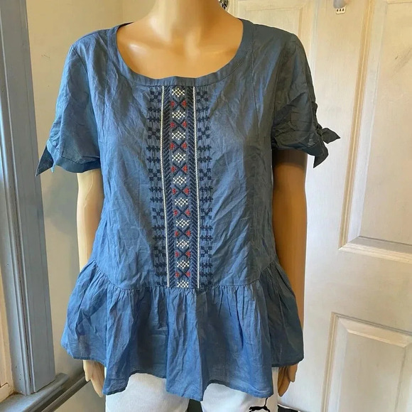 J Crew Women Sz 8 Blue Embroidered Tie Sleeve Peplum Top Lightweight Boho Casual - Picture 1 of 8